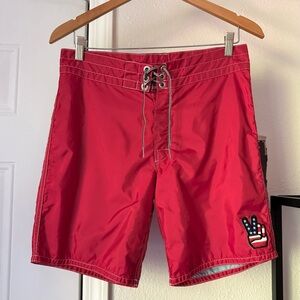 BIRDWELL red patch drawstring waist swim beach trunks shorts